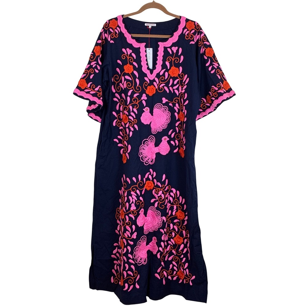 Frances Valentine Peacock Dress Caftan Blue Pink Embroidery Cotton Linen 10 NWT